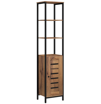 Coluna Casa de Banho Armário Alto Casa de Banho Estreito com Porta de Ripas Prateleiras Ajustáveis Compartimentos Abertos Estrutura de Aço 37x30x167 cm Castanho Rústico