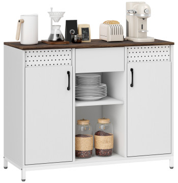 Aparador de 2 Portas com Orifícios Aparador de Sala com 2 Compartimentos e Gaveta Prateleiras Ajustáveis para Cozinha Entrada Dormitório 100x40x80 cm Branco e Castanho Rústico