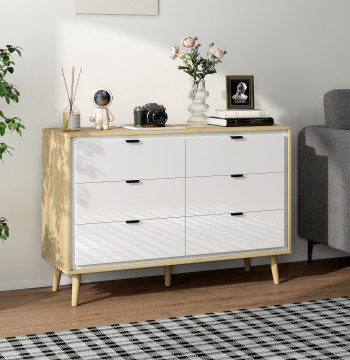 Commoda 6 commodes Commodal Chambre avec jambes en bois Bureau de marchandises Style moderne 110x40x75 cm Blanc brillant et chêne