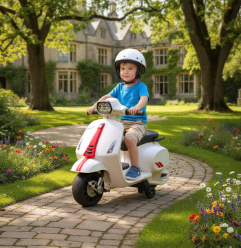 Mota électrique pour enfants Mota électrique pour enfant de 6V avec roues auxiliaires Vitesse 2,5km/h Phare et corne pour enfants 2-6 ans 71x37x52 cm Blanc