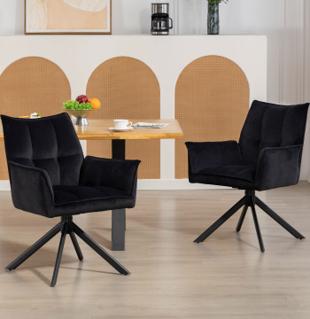 Conjunto de 2 Cadeiras de Refeição Giratórias 360° Cadeiras de Cozinha com Apoio de Braços Encosto Estofado Estofamento em Veludo Pés em Aço para Escritório Conferência Sala de Estar 63x64x85 cm Preto