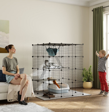 Gaiola Grande para Gatos de Interior Recinto para gatos de 4 Niveles de 5 Puertas 3 Plataformas de salto 3 Rampas Red, Parque para Animales 105x105x140 cm Negro