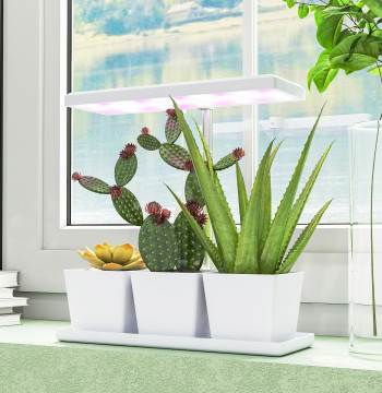 Lumière de croissance avec 30 LED plein spectre réglable en hauteur avec minuteur automatique 8/12/16/24H 5 Niveaux de luminosité et 3 Vases pour jardin de serre 31.8x13.4x18.6-35,6 cm Blanc