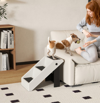 Escada Dobrável para Cães de 3 Degraus Portátil para Animais Mais Velhos Cães Pequenos Gatos para Cama Sofá 53x30,5x36,5 cm Creme