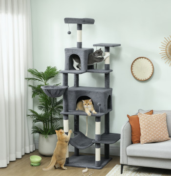 Chat Scratcher 202 cm Tour d'escalade avec Plateformes Cave Plates-formes Sisal Posts Balles et corde à jouer gris