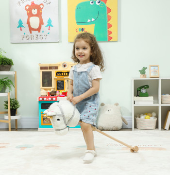 Cavalo com Pau de Madeira Design Unicórnio Sons e Rodas Cavalo de Brinquedo 95x25x27 cm Branco
