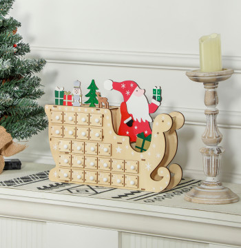 Calendario de Adviento de Madeira con 24 Gavetas Calendario de Adviento de Navidad Decorado con Pai Natal en el Treno Decoración de Navidad 22,5x8x36 cm Madeira y Rojo