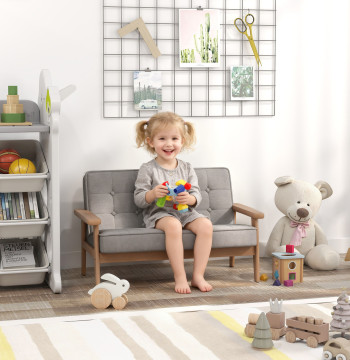 Sofá para Crianças de 2 Lugares Poltrona Infantil de Pelúcia Macia com Estrutura de Madeira Assento e Encosto Acolchoados Apoio de Braços para Crianças a partir de 3 Anos 77x42x48 cm Cinzento