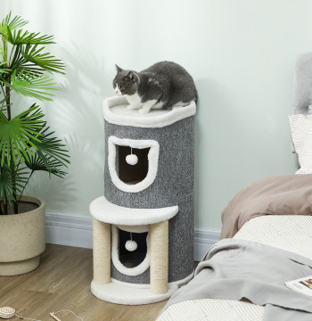 Arranhador para Gatos com Cama 2 Cavernas Postes de Sisal Tapete de Arranhar e Bolas para Brincar 50x36x76 cm Cinzento