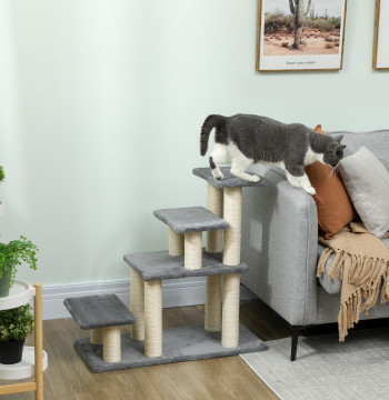 Escada para Animais Ajustável de 3 ou 4 Degraus Escada para Gatos com Postes Arranhadores Bola Suspensa para Cama Sofá Peitoris 70x32x68 cm Cinzento