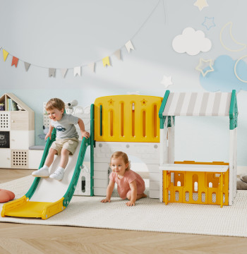 Diapositive pour enfants 7 en 1 avec Slippery Maison pour enfants avec Slippery Ladder Basketball Ring Indoor Telescope Tunnel 189x180x111 cm Jaune et vert