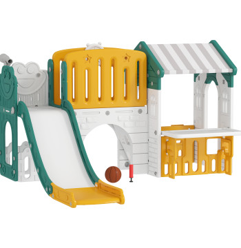 Diapositive pour enfants 7 en 1 avec Slippery Maison pour enfants avec Slippery Ladder Basketball Ring Indoor Telescope Tunnel 189x180x111 cm Jaune et vert
