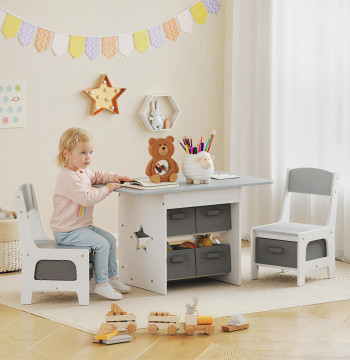 Table pour enfants avec 2 chaises Table et chaises pour enfants avec 6 tiroirs en tissu Design Stars for Boys and Girls of 3-8 Years for Home School Classrooms Grey Light