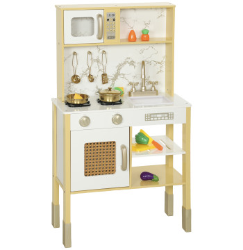 Cozinha de Brincar em Madeira com Som Cozinha Infantil com Acessórios em Aço Inoxidável Micro-Ondas Forno Lava-Loiças Legumes para Cortar para Crianças a Partir de 3 Anos 55x24x96 cm Dourado