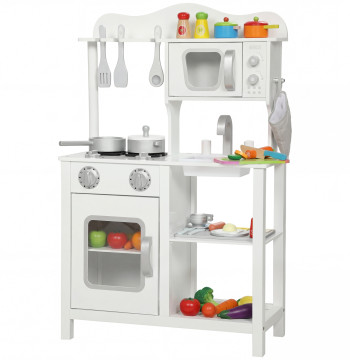 Cozinha de Brincar em Madeira com Som Cozinha Infantil com Acessórios Lava-Loiças Micro-Ondas e Fogão Brinquedos para Crianças a Partir de 3 Anos 55x24x86 cm Branco