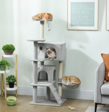 Cat Scratcher 140 cm Tour d'escalade avec plusieurs plates-formes Bed 2 Caves Network Ladder Postes de Sisal Light Gray Play Balls