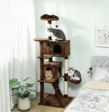 Cat Scratcher 180 cm Tour d'escalade avec plusieurs plates-formes Lit 2 Grottes Réseau Ladder Posts of Sisal Balls to Play Brown