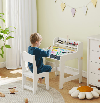 Secretária Infantil com Cadeira Secretária para Crianças com 2 Gavetas Extraíveis Estante e Porta-Copos para Estudar Ler e Desenhar Mesa para Crianças para Quarto Sala de Estudo Branco