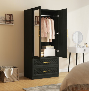 Armoire avec miroir 2 portes et 2 tiroirs Armoire pour dorme avec barre de secours diamant pour accrocher style moderne 80x50x180 cm noir