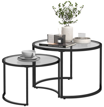 Set di 2 tavoli di supporto Tavoli centro onde rosse per vetro temperato Stand Room e grande struttura in acciaio 70 cm Piccolo 54 cm Nero e trasparente