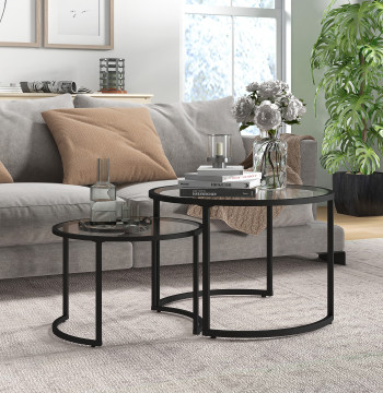 Set di 2 tavoli di supporto Tavoli centro onde rosse per vetro temperato Stand Room e grande struttura in acciaio 70 cm Piccolo 54 cm Nero e trasparente