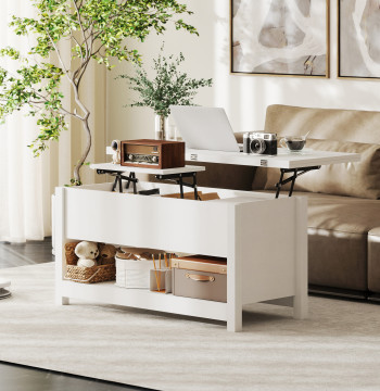 Tavolo centrale alto e allungabile con scomparti nascosti e scaffalature aperto a Office Room 100x90x64 cm Bianco