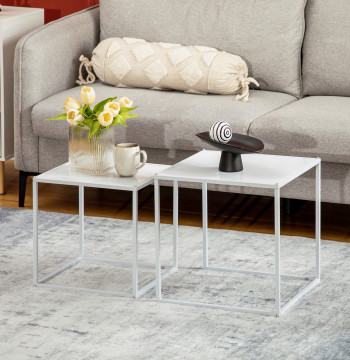 Conjunto de 2 Mesas Mesas de Centro Quadradas para Sala de Estar Estrutura de Aço para Quarto e Escritório Grande 40 cm Pequena 35 cm Branco