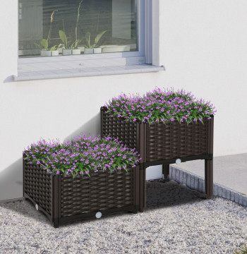 Conjunto de 2 Floreiras Quadradas Floreiras para Flores e Vegetais com Orifícios de Drenagem e Pés Altos 40x40x26-44cm Marrom