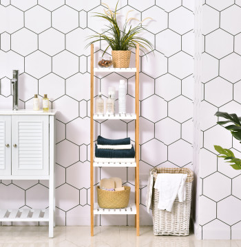 Prateleiras de banheiro com 5 níveis Estrutura de bambu e prateleiras de pinho 35x36x138.5cm Bambu branco e natural