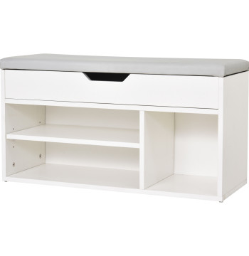 Sapateira con Assento Acolchoado para entradas y Salones con 1 Gaveta y Prateleira de MDF 80x30x43cm Carga máxima 120 kg Blanco