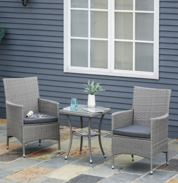 Conjunto de Muebles de Vime para Jardín Compuesto por 1 Mesa 2 Poltronas con Almohadillas Muebles de Jardín Metal y Vime Gris Claro