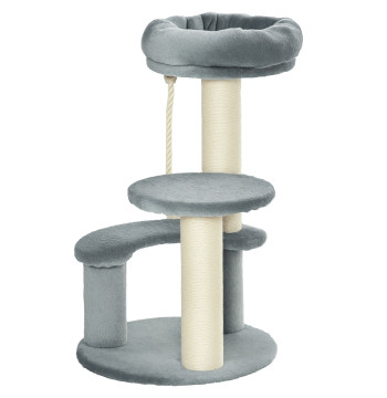 Árvore Arranhador para Gatos Ø40x65 cm com 3 Níveis Cama Plataformas em Pelúcia Corda Suspensa e Poste com Corda de Sisal Cinza