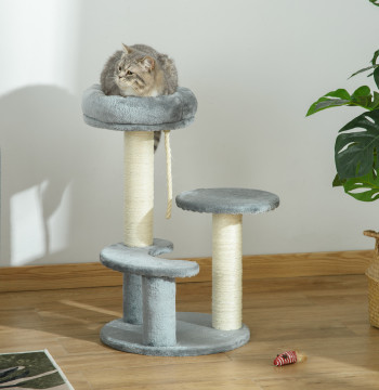 Árvore Arranhador para Gatos Ø40x65 cm com 3 Níveis Cama Plataformas em Pelúcia Corda Suspensa e Poste com Corda de Sisal Cinza
