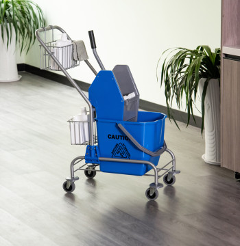 Coche de Limpieza Balde para Esfregona con Escorredor presión Ruedas y Cesto de Almacenamiento Capacidad 26L 73x45x95 cm Azul