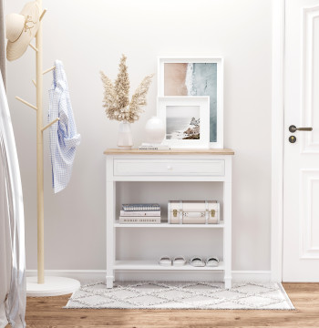 Mesa Consola Estilo Rétro Consola para Sala de Estar Corredor com 2 Prateleiras e 1 Gaveta 75,6x27,5x80,5 cm Branco e Madeira