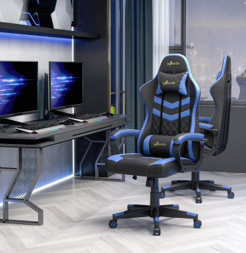 Sedia da ufficio ergonomica con altezza di bargainatura regolabile con supporto testa e cuscino Lombar 61x70x121-129 cm Blu