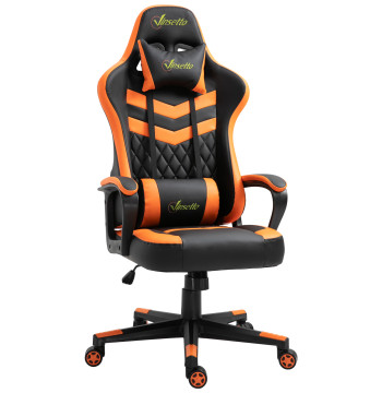 Cadeira Gaming Cadeira de Escritório Ergonómica com Altura Regulável Basculante com Apoio de Cabeça e Almofada Lombar 61x70x121-129 cm Laranja