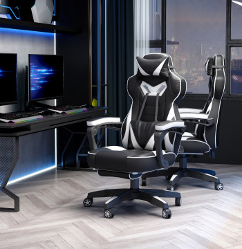 Chaise de bureau de jeu ergonomique Hauteur réglable Rallongement Tirer sur avec support du pied Appui-tête coussin Lombaire Roues 65x70x118,5-126,5 cm Blanc et noir