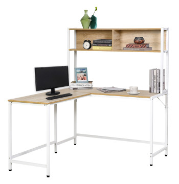 Secretária em Forma de L Multifuncional Secretária para Escritório ou Estúdio com Prateleiras Altas Amplo Espaço Estilo Minimalista 140x125x149cm Madeira e Branco