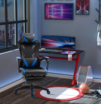 Chaise de jeu ergonomique chaise de jeu pour bureau avec dossier réglable hauteur Regulable Lowback Retractable Feet Support 65x70x117-125cm Bleu