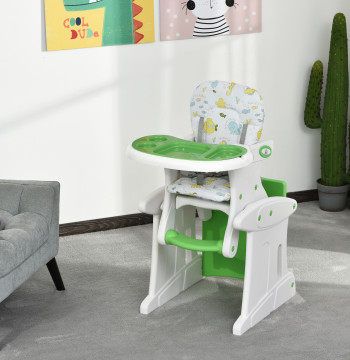 Cadeira para bebês 3 em 1 por mais de 6 meses Transformar em mesa e cadeira multifuncional Ajustável em 3 posições encosto alto Acolchoado Com 2 bandejas removíveis 57x59x105 cm Verde