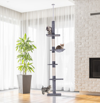 Arbre de scratching pour chats Scratching à fixer à la hauteur réglable Této avec plates-formes Sisal Post 40x34x230-260cm Gris