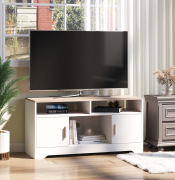 Móvel de TV para Sala de Estar Móvel de TV com Amplo Espaço de Arrumação Prateleiras Abertas Orifício Passa Cabos 105x40x52 cm Branco e Madeira