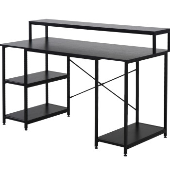 Secretária para escritorio com 3 prateleiras Pernas com Almofadas Ajustáveis Anti-derrapante Estrutura de metal 140x60x93 cm Preto