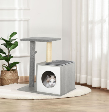 Arranhador para Gatos 59x39x62 cm Arranhador para Gatos de 3 Níveis com Plataformas Poste de Arranhar Caverna Espaçosa Almofadas Amovíveis e Bolsa de Brinquedo Cinza