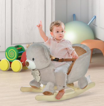 Caballo de balance para bebé por encima de 18 meses Caballo Balozo de peluche suave con forma de oso con guiador y apoyo de pies 60x33x50 cm gris