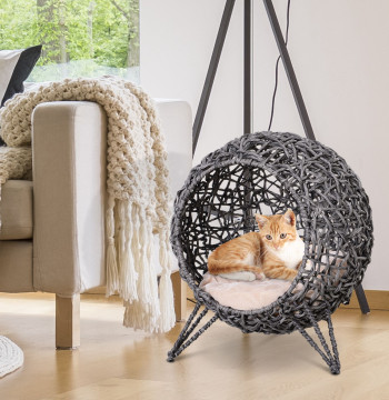 Lit Chats dans la grotte de Vime synthétique pour animaux de compagnie estimé avec Coussin de base trépied avec cheveux et coton Soft Design haut Ø52x58 cm gris