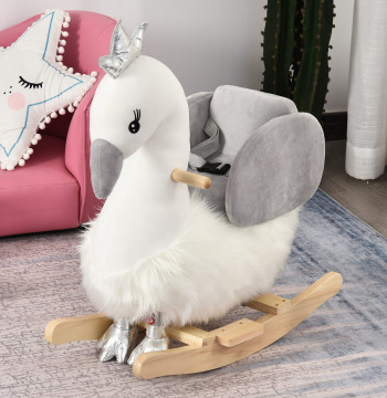 Caballo Baloiço para bebés por encima de 18 Meses con forma de Cisnei con Sons Apoyo a los Pés y Cinto de Seguridad 60x33x59 cm Blanco y gris