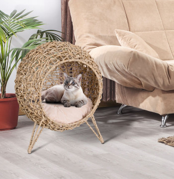 Cama para Gatos em Vime Sintético Caverna para Animais de Estimação com Base de Tripé Almofada com Pelúcia e Algodão Suave Desenho Elevado Ø52x58 cm Madeira