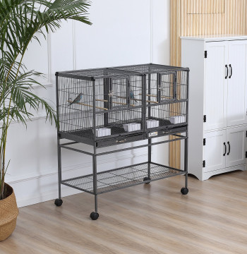 Double cage pour petits oiseaux Grande cage pour oiseaux avec 4 plateaux portes multiples 4 Feeders 4 Câbles 95x45,5x102 cm Noir